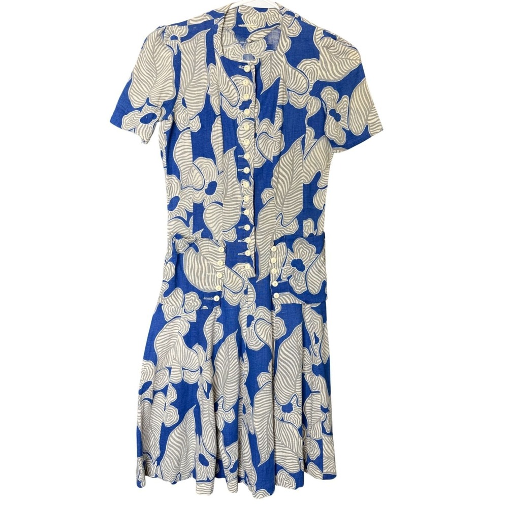 40s Blue Tropical Floral Button Front Tea Dress Pleated Skirt